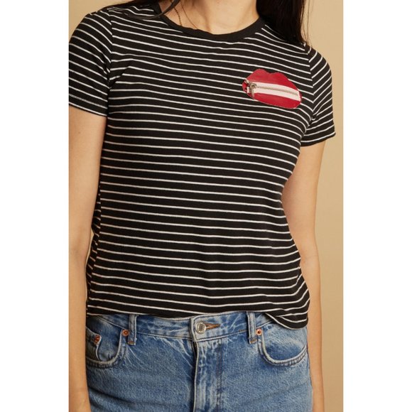 🍋3 for $20🍋 ZARA Black and White Striped T-shirt with Red Lips Detail Si… - Picture 1 of 7